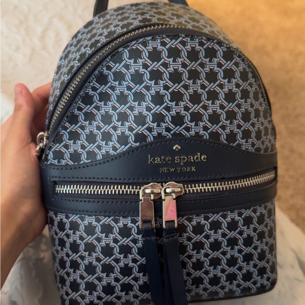 Kate Spade Blue and White Backpack with Signature Spade Design